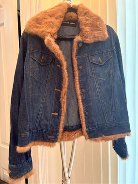 Adrienne Landau Blue Denim Jacket with Tan Fur Collar never worn